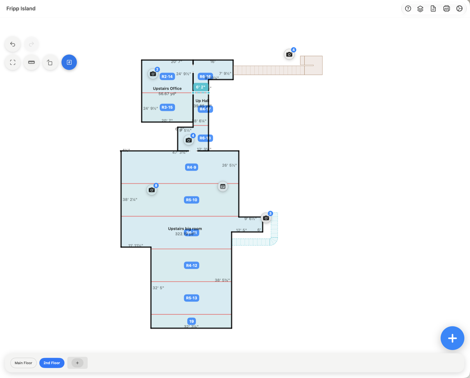 Carpet seam and roll-cut layout across an upper floor, with numbered cuts assigned to rolls