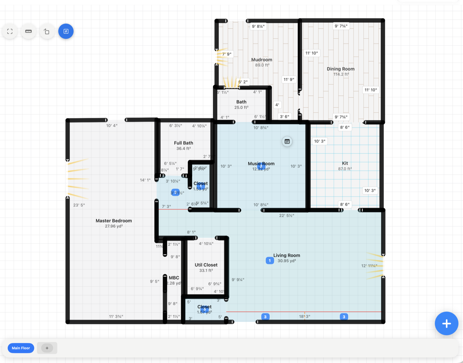A full main-floor plan with materials assigned per room: hardwood, tile, and carpet patterns with dimensions