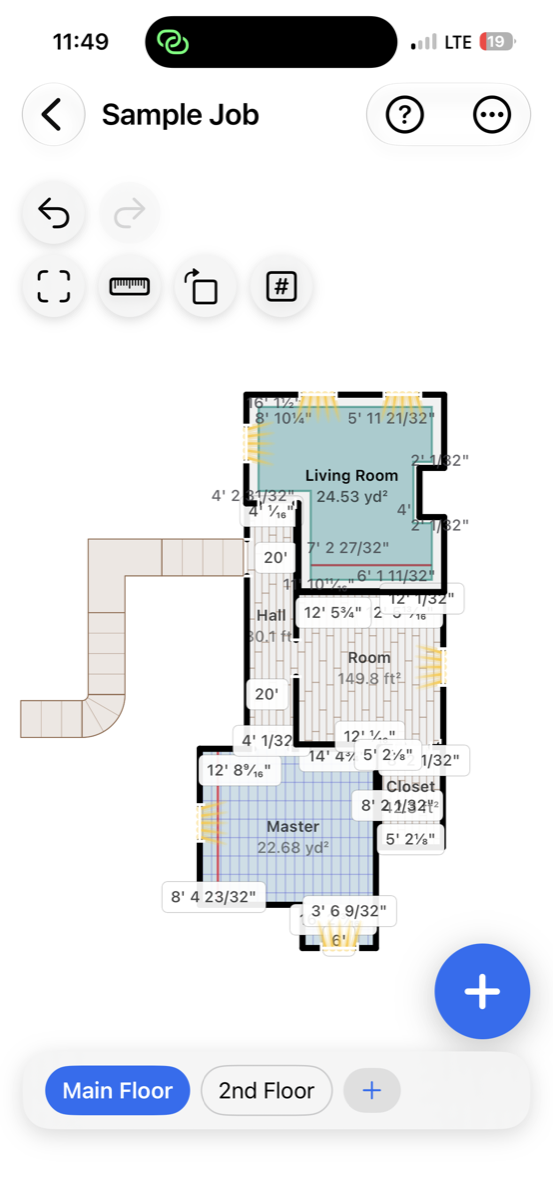 Floored on iPhone: a multi-room floor plan with stairs, live measurements, and per-room material areas