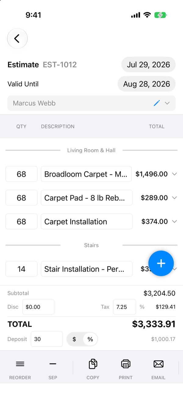 TradePay's document editor on iPhone: line items grouped under Living Room & Hall and Stairs headings, with subtotal, tax, total, and a 30% deposit