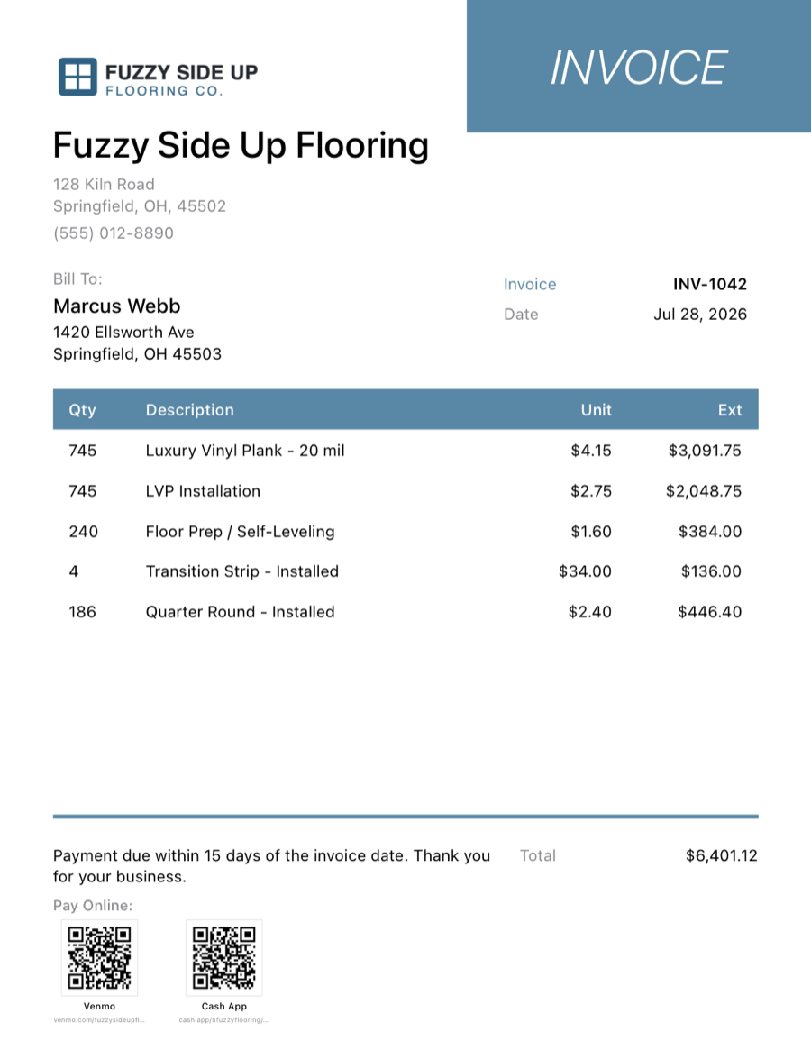 A finished TradePay invoice PDF: company logo and address, INVOICE banner, Bill To block, itemized table with quantities and unit prices, payment terms, total, and Venmo and Cash App QR codes labelled Pay Online
