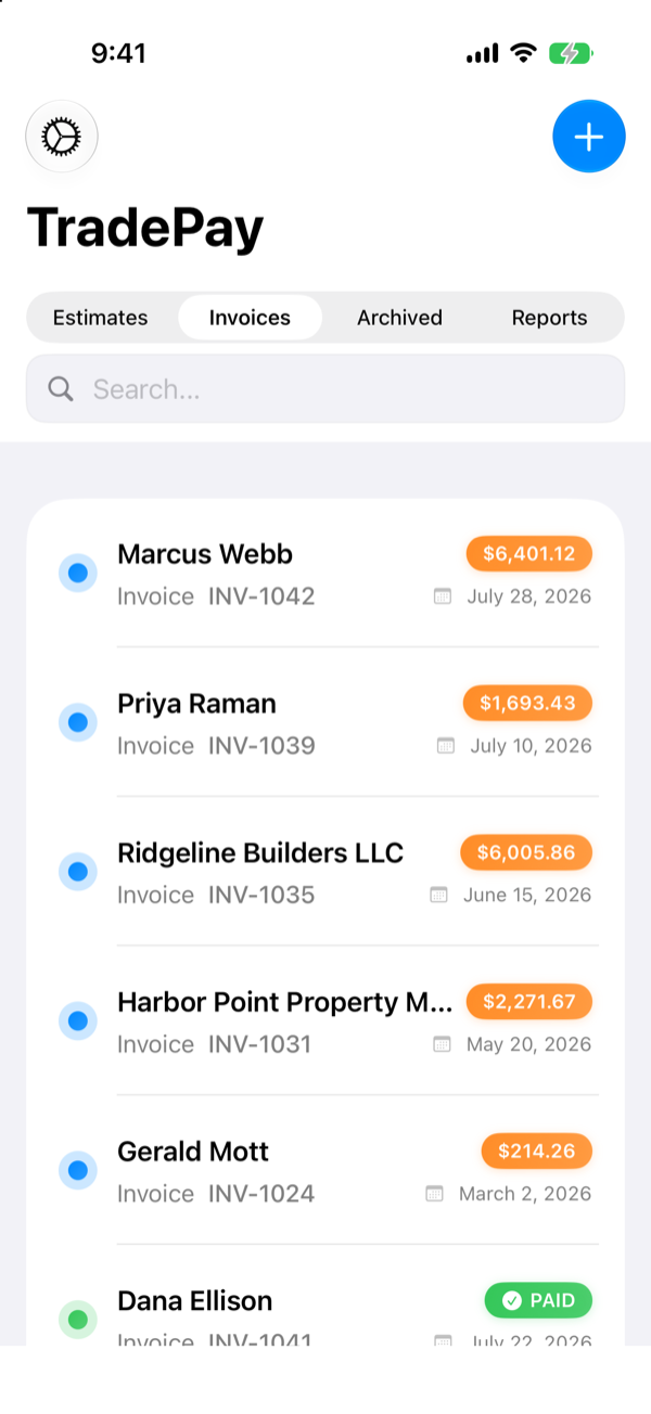 TradePay on iPhone: the invoice list, with unpaid invoices at the top showing orange balance-due pills and a paid one marked PAID in green